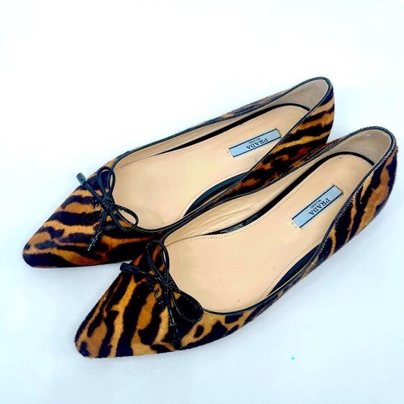 Prada Black Brown Leopard print calf hair Pointed toe ballet flats EU 37.5 - Picture 1 of 10